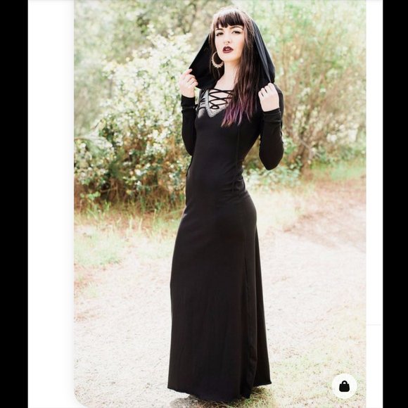 ZHEN NYMPH ZhenNymph Black Hooded Tribal Witchy Maxi Lace up Front Dress Medium - Picture 1 of 6